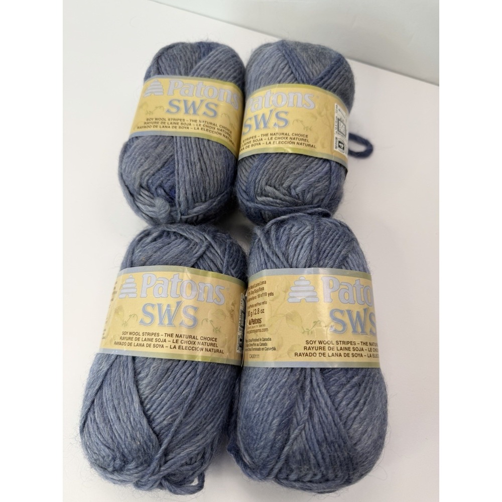 Patons SWS Yarn Natural Denim 70117 Soy Wool Stripes Lot Of 4 - 2 Dye Lots